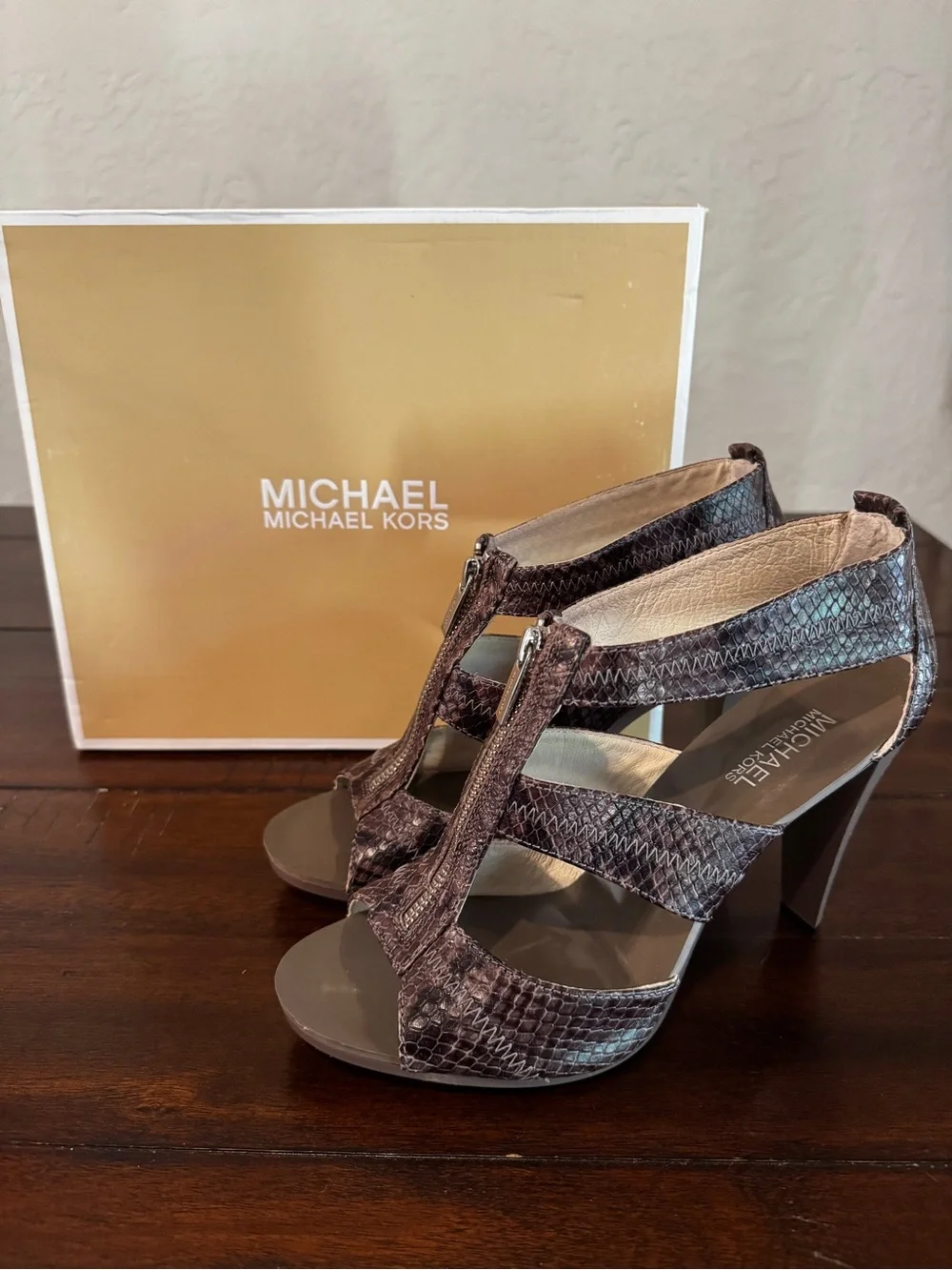 Michael Kors Brown Snake-Print T-Strap Heels with Zipper Front and Box Size 9.5